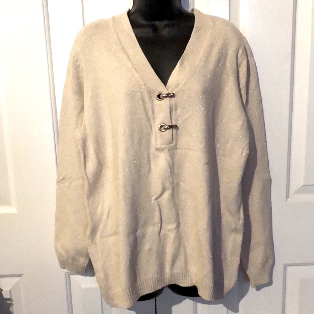 🔴 CLEARANCE🔖 NWT CHARTER CLUB CREAM 100% COTTON V-NECK TOGGLE HENLEY SWEATER 2X - Picture 1 of 10